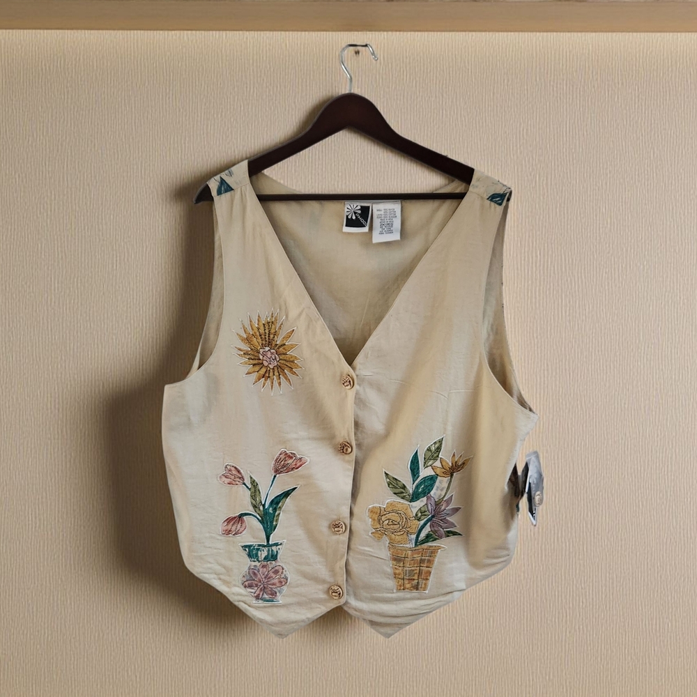 Phool Vintage Cream Flower Floral Button Vest Patchwork Art To Wear Artsy 2X NEW